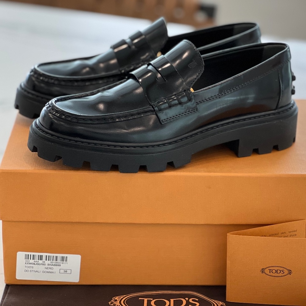 Tod's Gomma Pesante Lug Sole Penny Loafer Sz 38